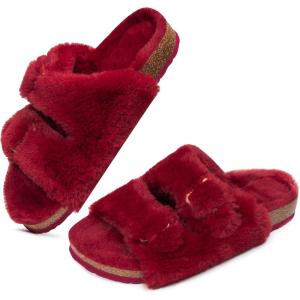 FITORY Womens Open Toe Slipper with Cozy Lining,Faux Rabbit Fur Cork Slide Sandals Size 6-11(Wine Red)