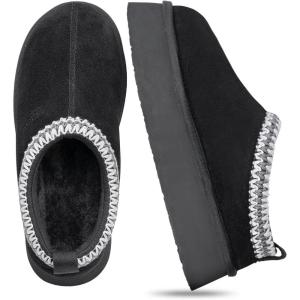 FITORY Womens Platform Slippers, Suede Ankle Boots with Fleece-lined for Indoor Outdoors Size 6-11(Black)