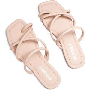 FITORY Women’s Slide Sandals Flat Toe Ring Thongs with Cross Strap for Summer Size(All Nude)