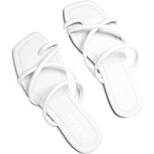 FITORY Women’s Slide Sandals Flat Toe Ring Thongs with Cross Strap for Summer Size(All White)