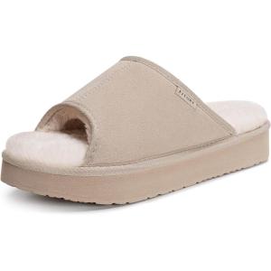 FITORY Women’s Suede Slippers with Fuzzy Lined Open Toe – Non-Slip Indoor/Outdoor House Shoes for Winter(Beige)