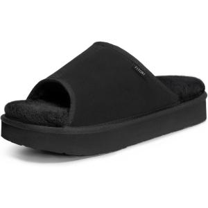 FITORY Women’s Suede Slippers with Fuzzy Lined Open Toe – Non-Slip Indoor/Outdoor House Shoes for Winter(Black)