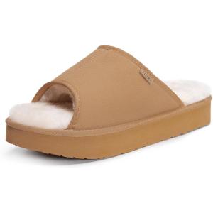 FITORY Women’s Suede Slippers with Fuzzy Lined Open Toe – Non-Slip Indoor/Outdoor House Shoes for Winter(Brown)