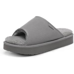 FITORY Women’s Suede Slippers with Fuzzy Lined Open Toe – Non-Slip Indoor/Outdoor House Shoes for Winter(Dark Gray)