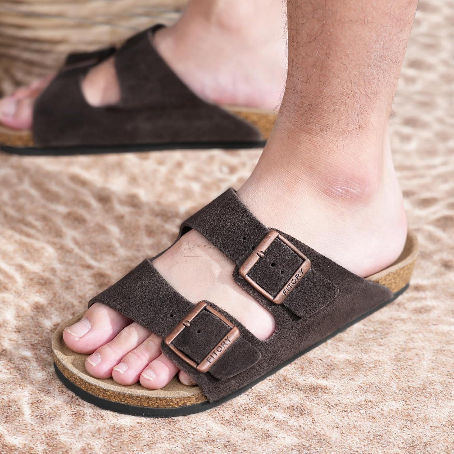 imageFITORY Mens Leather Sandals with Arch Support Open Toe Slides Adjustable Buckles for Summer Size 713Mocha