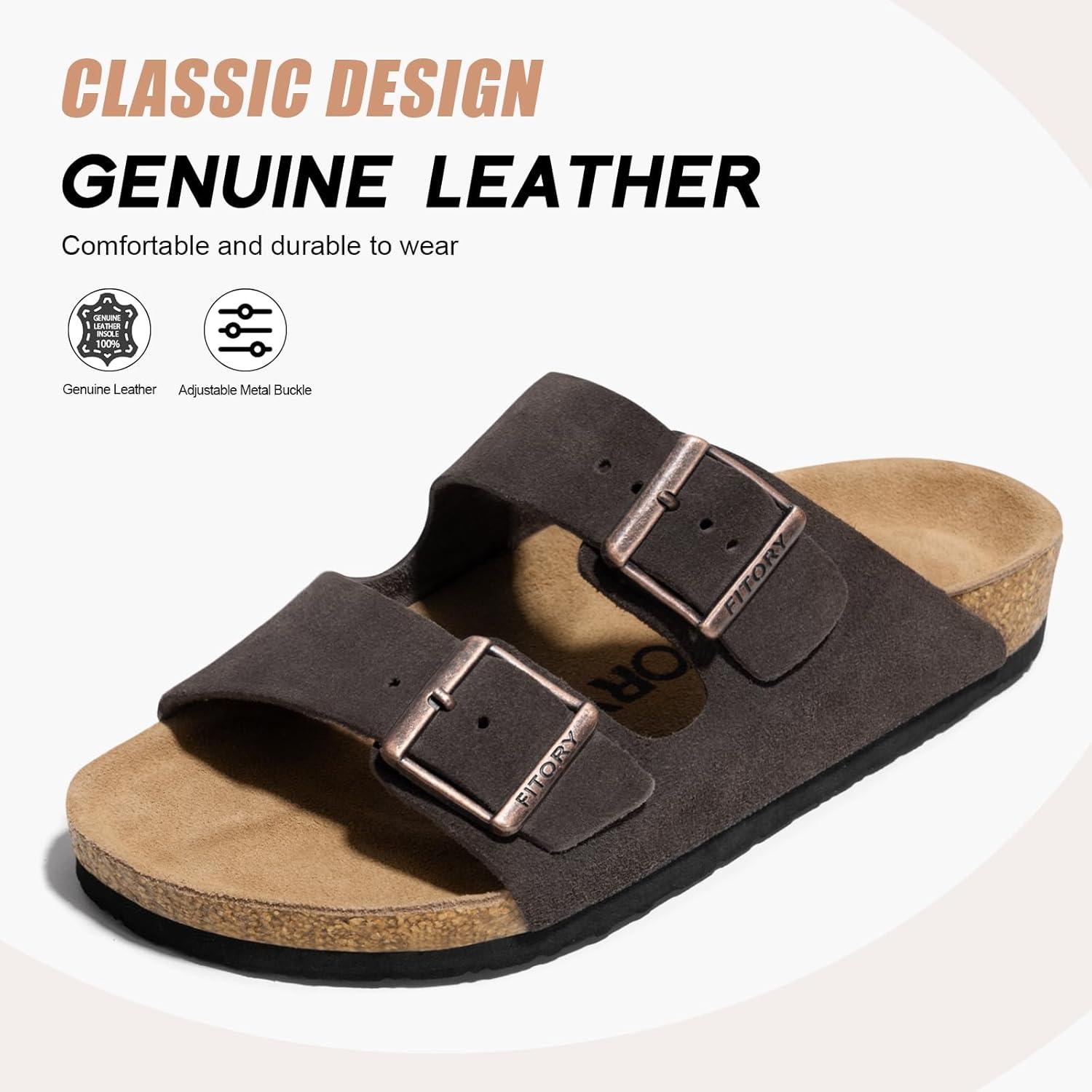 imageFITORY Mens Leather Sandals with Arch Support Open Toe Slides Adjustable Buckles for Summer Size 713Mocha