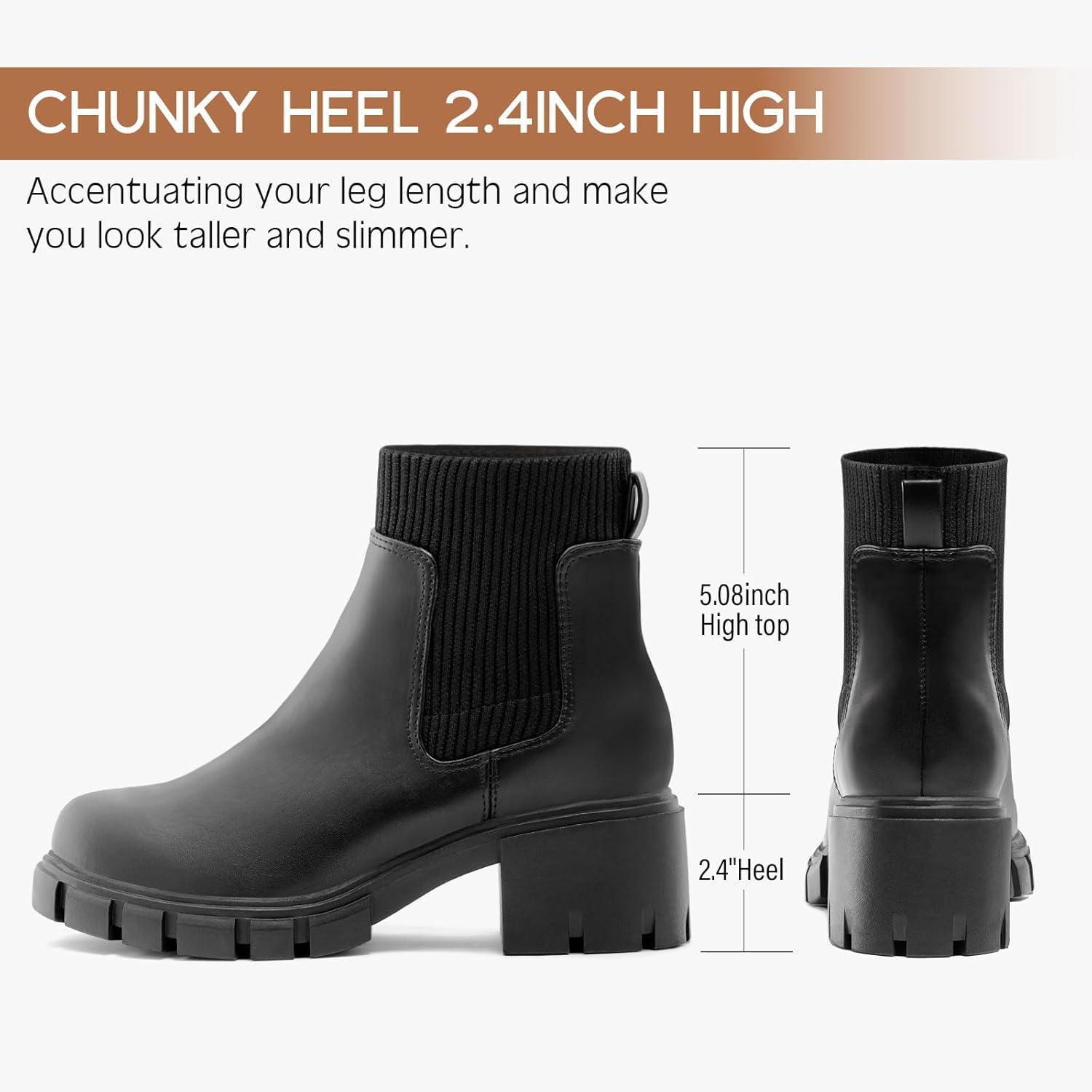 imageFITORY Womens Ankle Boots Comfy Chelsea Mid Heel Elastic Chunky Heel Lug Sole Booties Black Size 85
