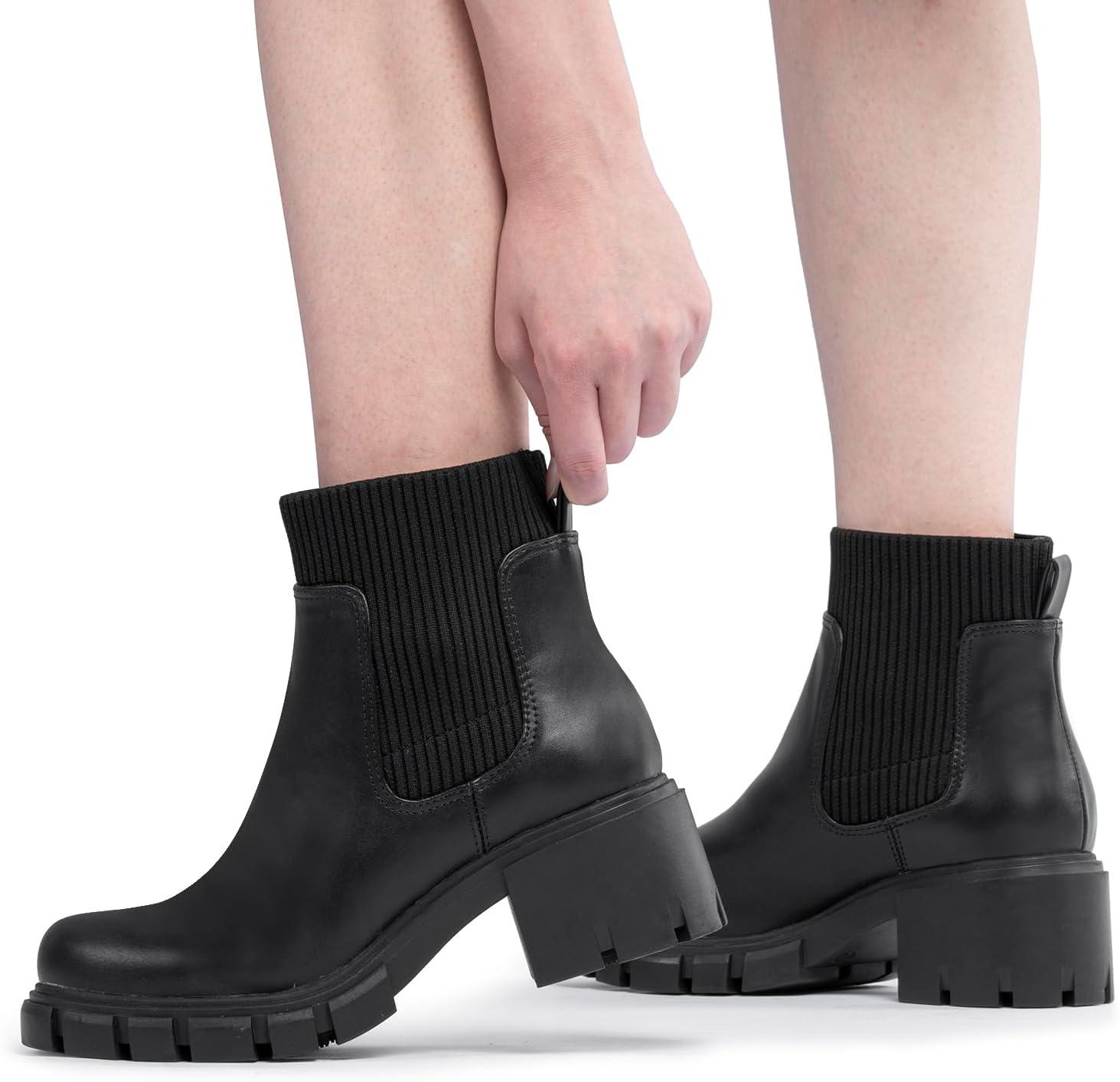 imageFITORY Womens Ankle Boots Comfy Chelsea Mid Heel Elastic Chunky Heel Lug Sole Booties Black Size 85
