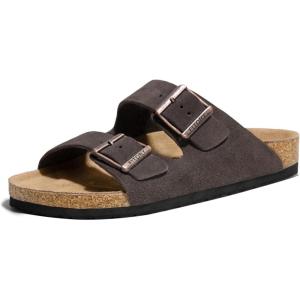 FITORY Mens Leather Sandals with Arch Support, Open Toe Slides Adjustable Buckles for Summer Size 7-13(Mocha)