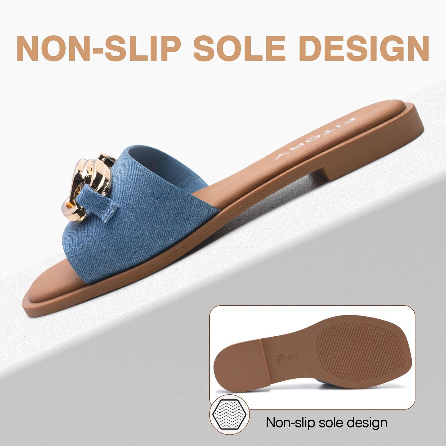 imageFITORY Womens Flat Sandals Fashion Slides With Soft Leather Slippers for Summer Size 611Denim Blue
