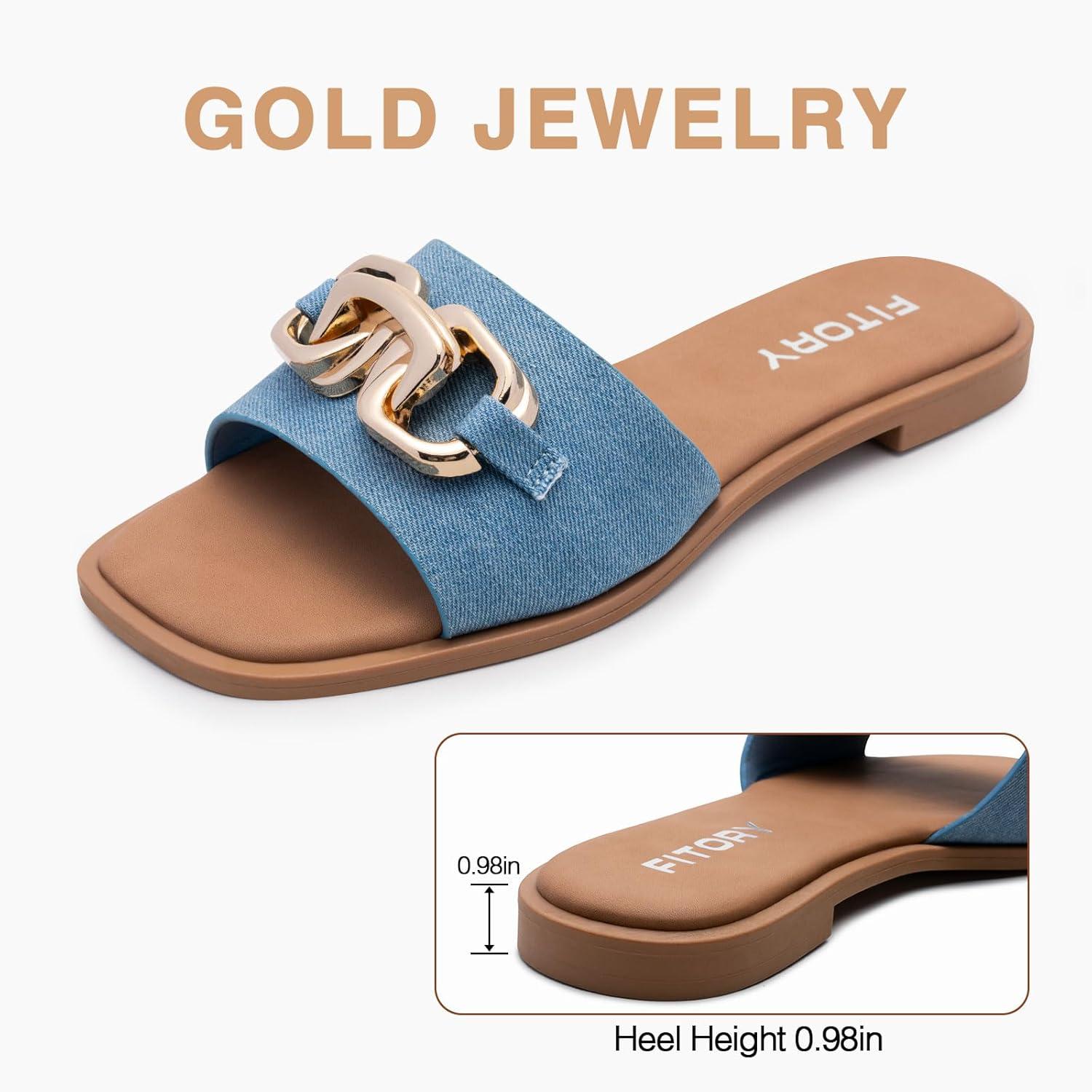 imageFITORY Womens Flat Sandals Fashion Slides With Soft Leather Slippers for Summer Size 611Denim Blue