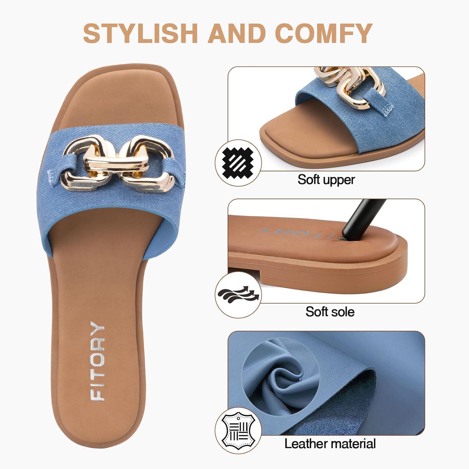 imageFITORY Womens Flat Sandals Fashion Slides With Soft Leather Slippers for Summer Size 611Denim Blue