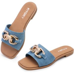 FITORY Women’s Flat Sandals Fashion Slides With Soft Leather Slippers for Summer Size 6-11(Denim Blue)