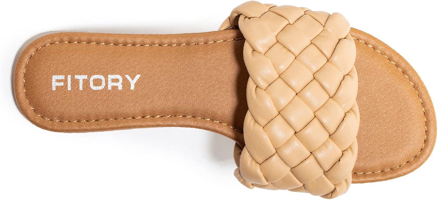 imageFITORY Womens Flat Sandals Fashion Round Open Toe Slip On Slides with Braided Strap Slippers for Summer Size 611Apricot