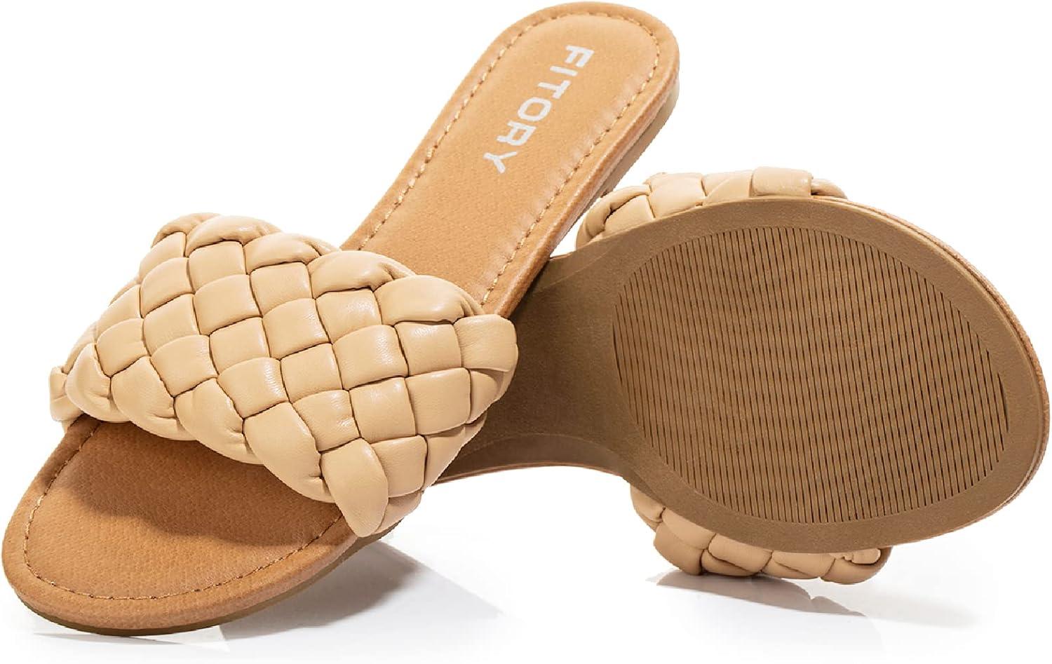 imageFITORY Womens Flat Sandals Fashion Round Open Toe Slip On Slides with Braided Strap Slippers for Summer Size 611Apricot