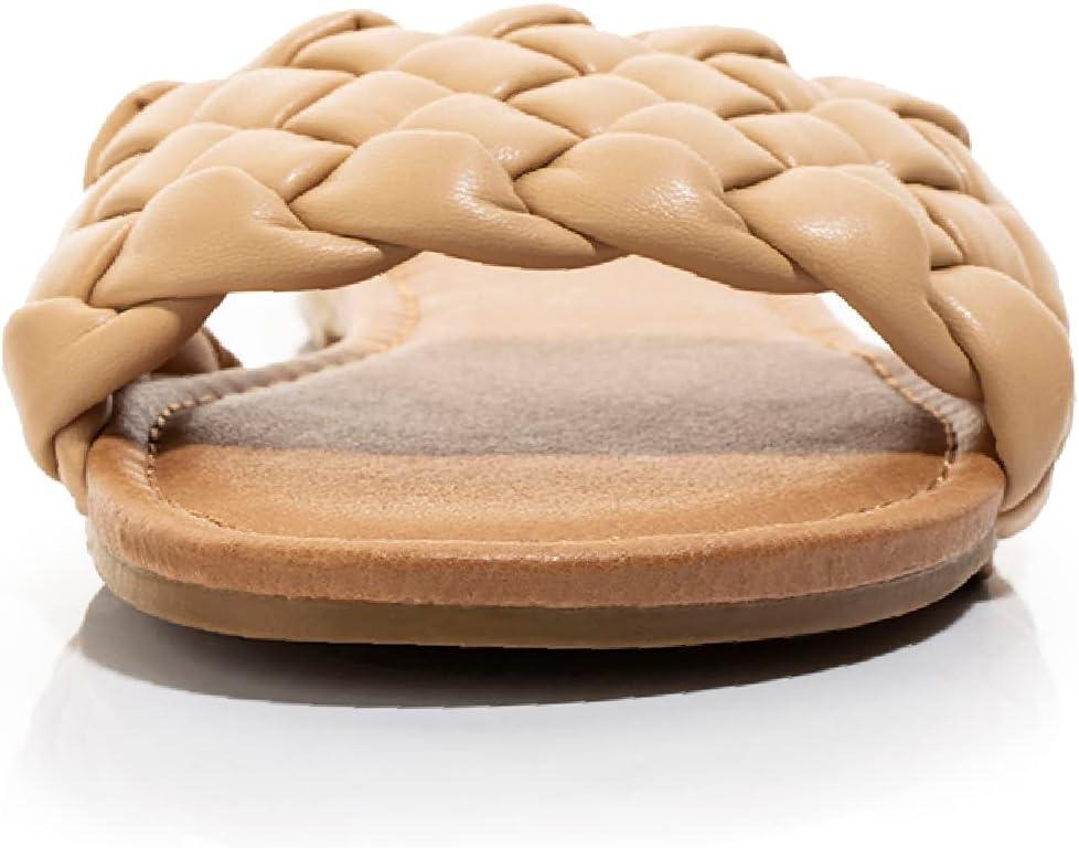 imageFITORY Womens Flat Sandals Fashion Round Open Toe Slip On Slides with Braided Strap Slippers for Summer Size 611Apricot