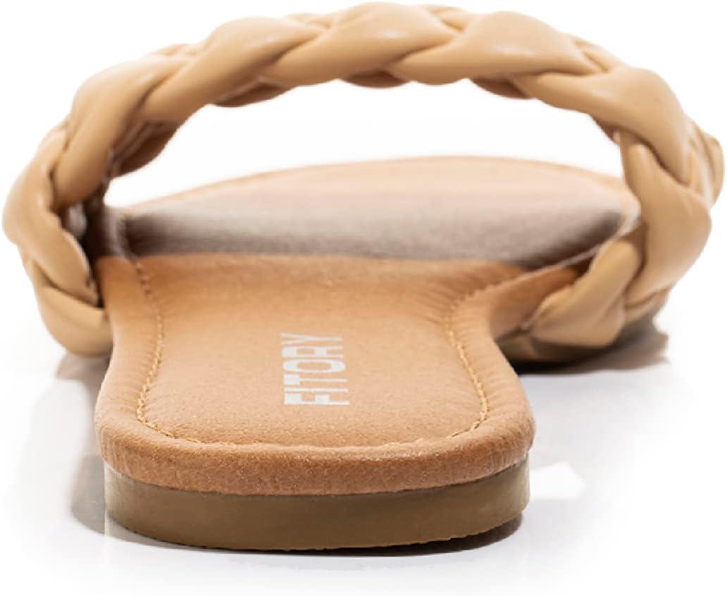 imageFITORY Womens Flat Sandals Fashion Round Open Toe Slip On Slides with Braided Strap Slippers for Summer Size 611Apricot