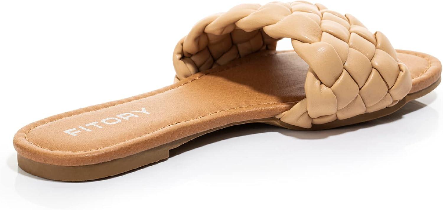imageFITORY Womens Flat Sandals Fashion Round Open Toe Slip On Slides with Braided Strap Slippers for Summer Size 611Apricot