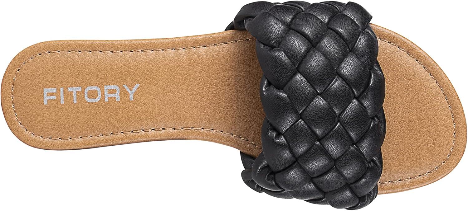 imageFITORY Womens Flat Sandals Fashion Round Open Toe Slip On Slides with Braided Strap Slippers for Summer Size 611Black