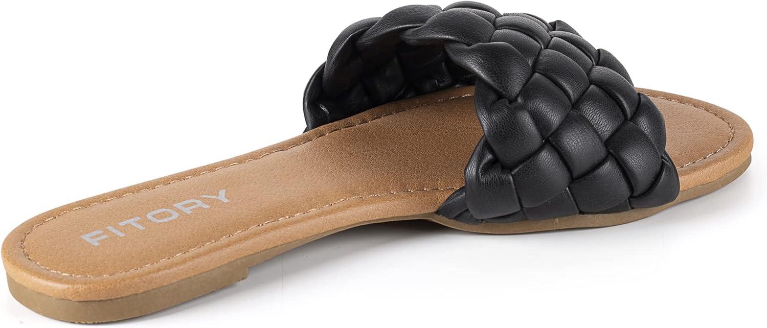 imageFITORY Womens Flat Sandals Fashion Round Open Toe Slip On Slides with Braided Strap Slippers for Summer Size 611Black