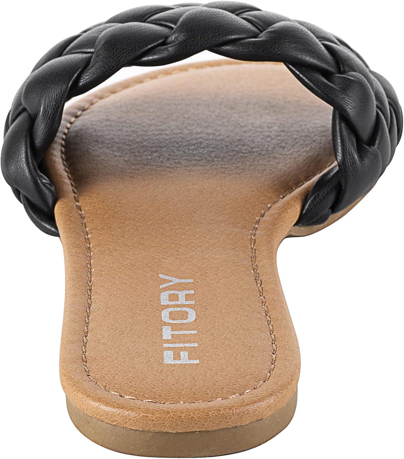 imageFITORY Womens Flat Sandals Fashion Round Open Toe Slip On Slides with Braided Strap Slippers for Summer Size 611Black