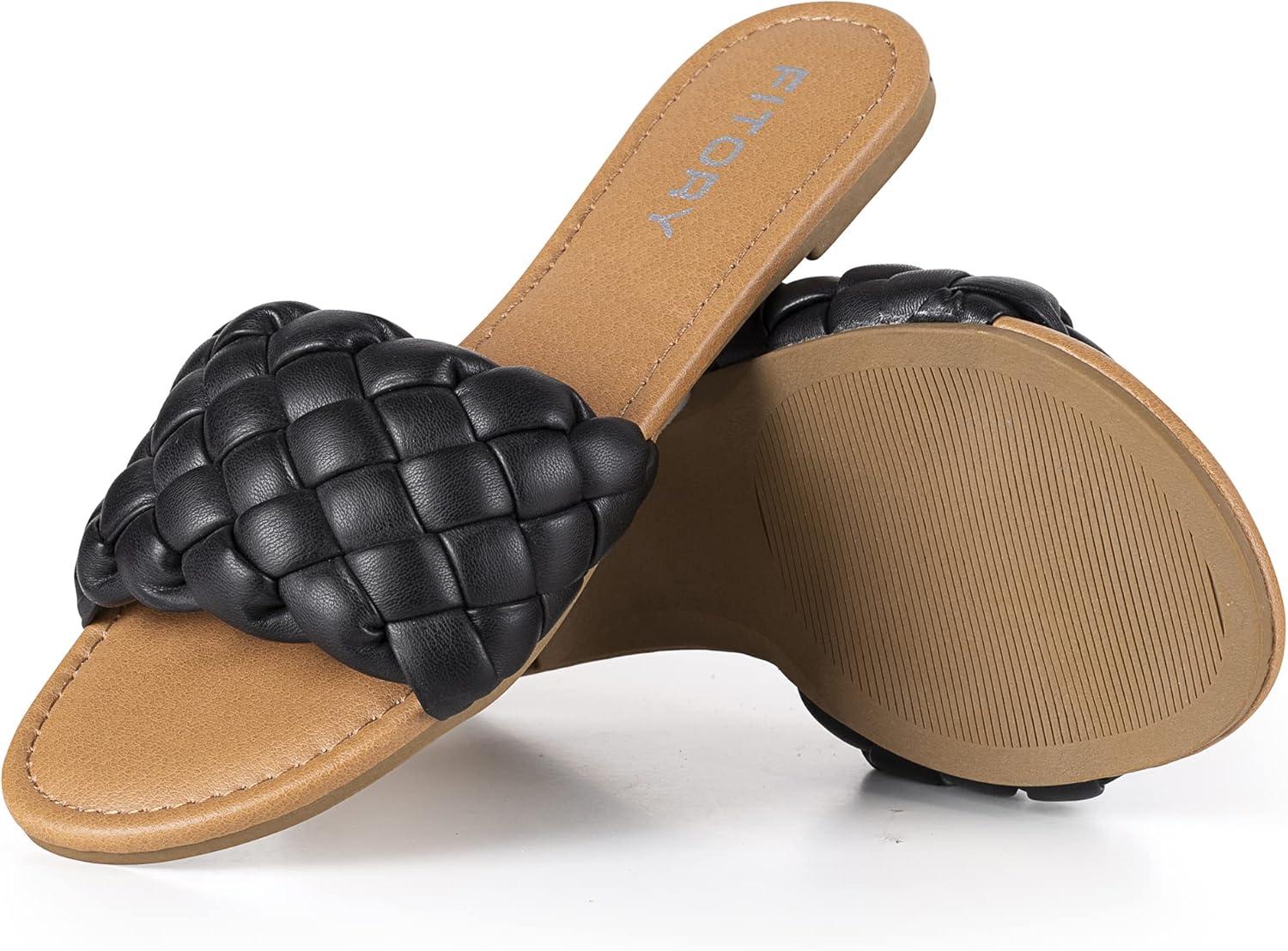 imageFITORY Womens Flat Sandals Fashion Round Open Toe Slip On Slides with Braided Strap Slippers for Summer Size 611Black