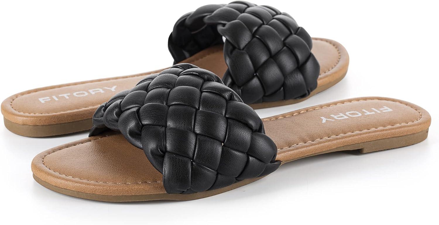 imageFITORY Womens Flat Sandals Fashion Round Open Toe Slip On Slides with Braided Strap Slippers for Summer Size 611Black