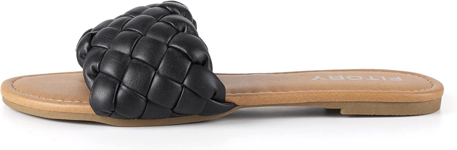 imageFITORY Womens Flat Sandals Fashion Round Open Toe Slip On Slides with Braided Strap Slippers for Summer Size 611Black