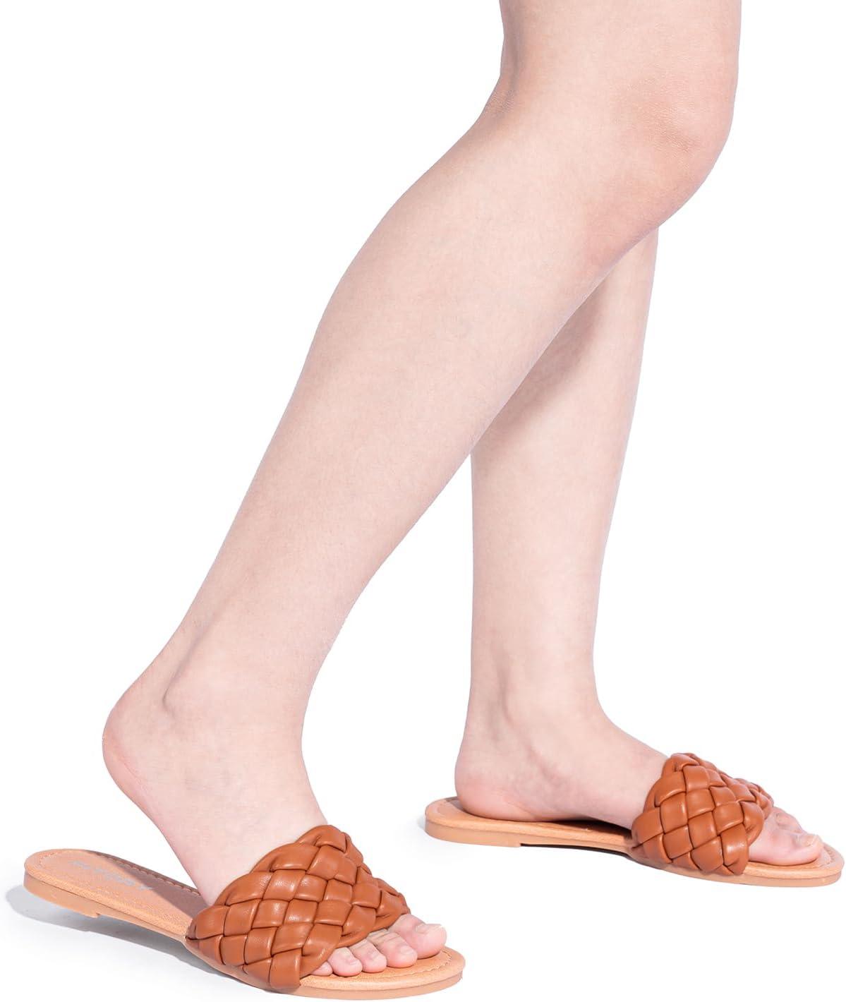imageFITORY Womens Flat Sandals Fashion Round Open Toe Slip On Slides with Braided Strap Slippers for Summer Size 611Brown