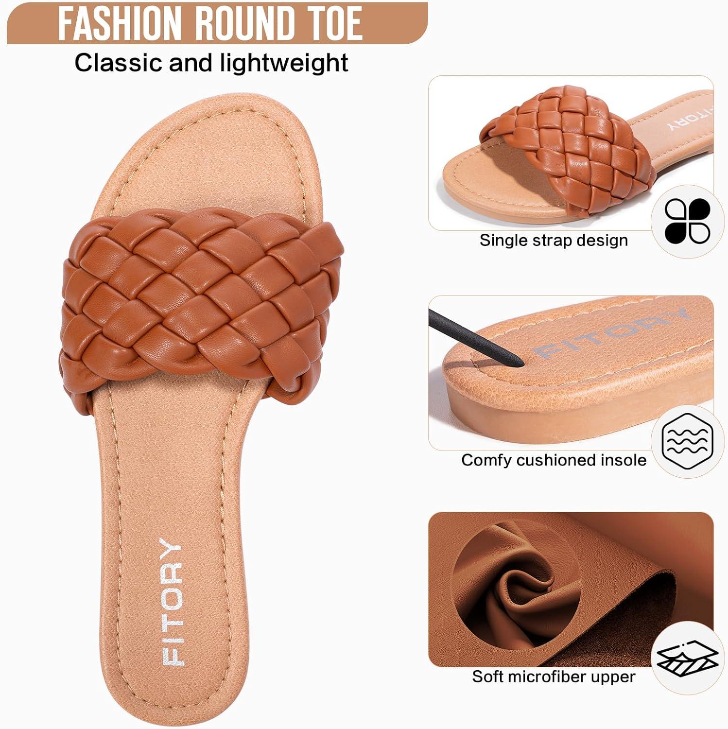 imageFITORY Womens Flat Sandals Fashion Round Open Toe Slip On Slides with Braided Strap Slippers for Summer Size 611Brown
