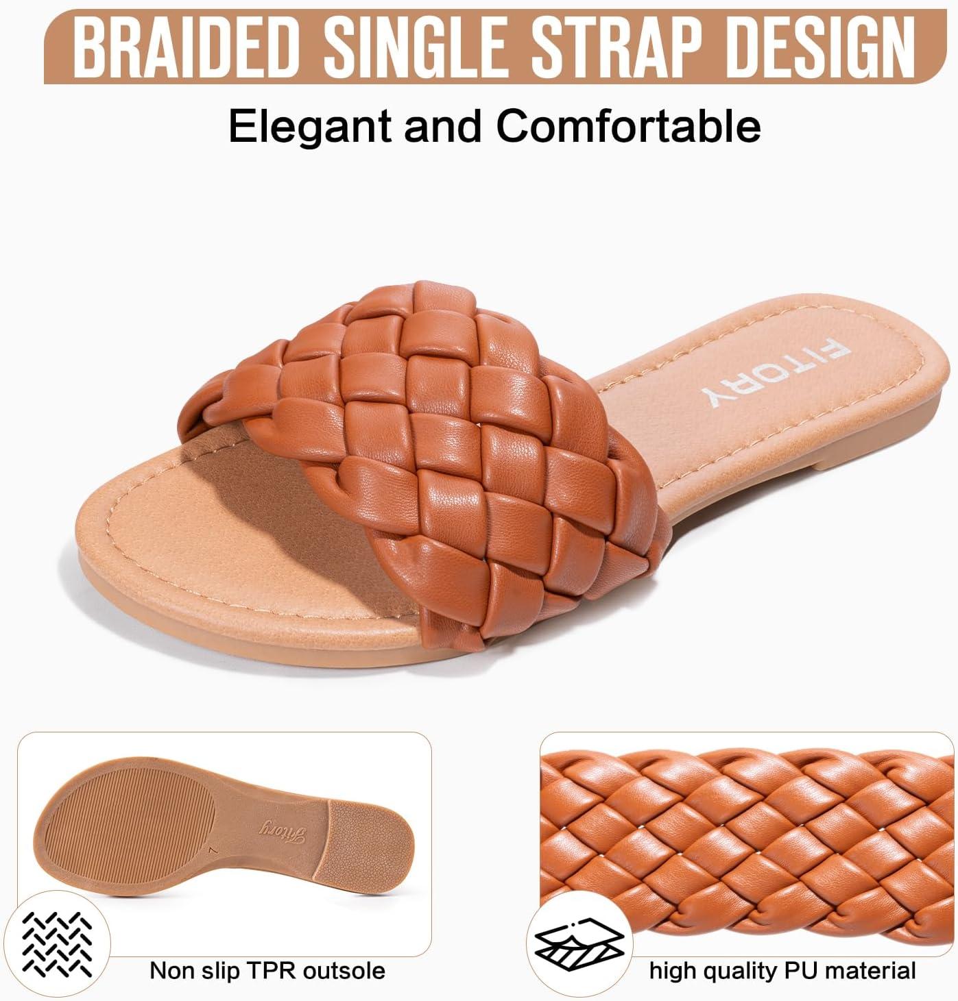 imageFITORY Womens Flat Sandals Fashion Round Open Toe Slip On Slides with Braided Strap Slippers for Summer Size 611Brown