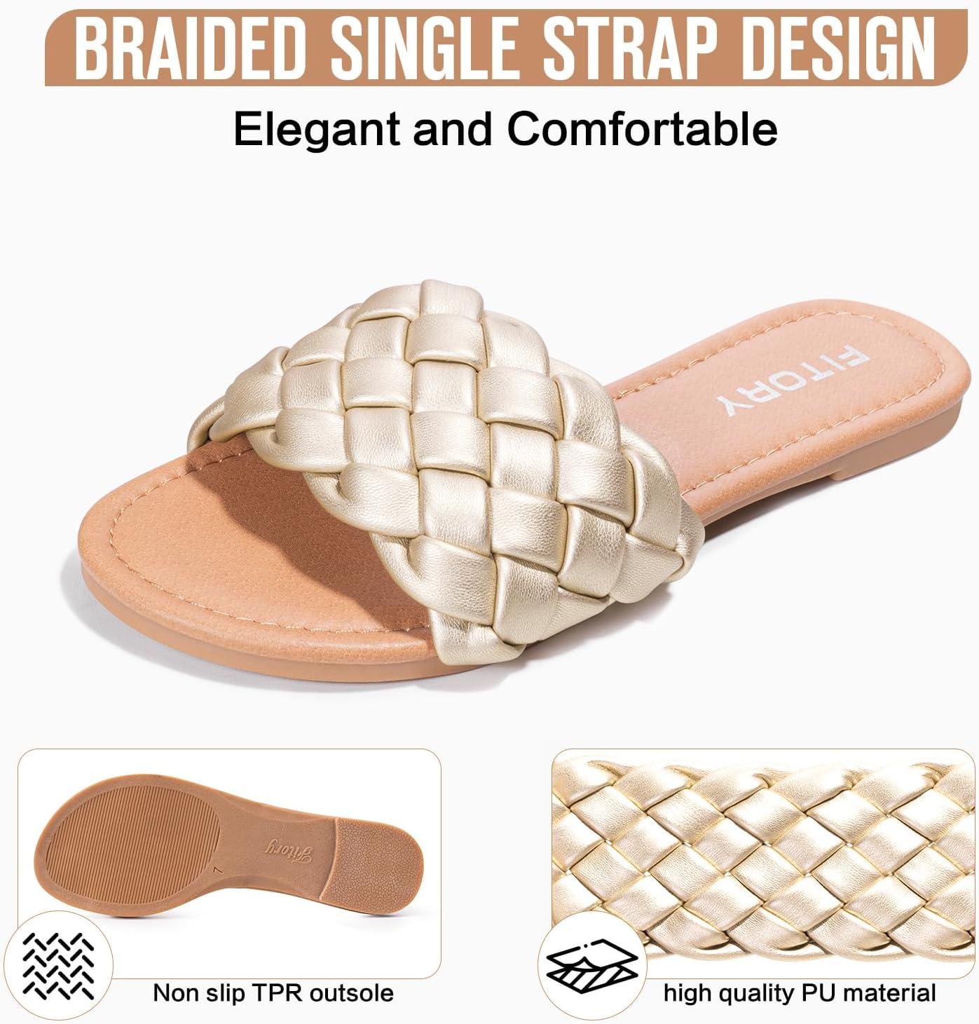 imageFITORY Womens Flat Sandals Fashion Round Open Toe Slip On Slides with Braided Strap Slippers for Summer Size 611Gold