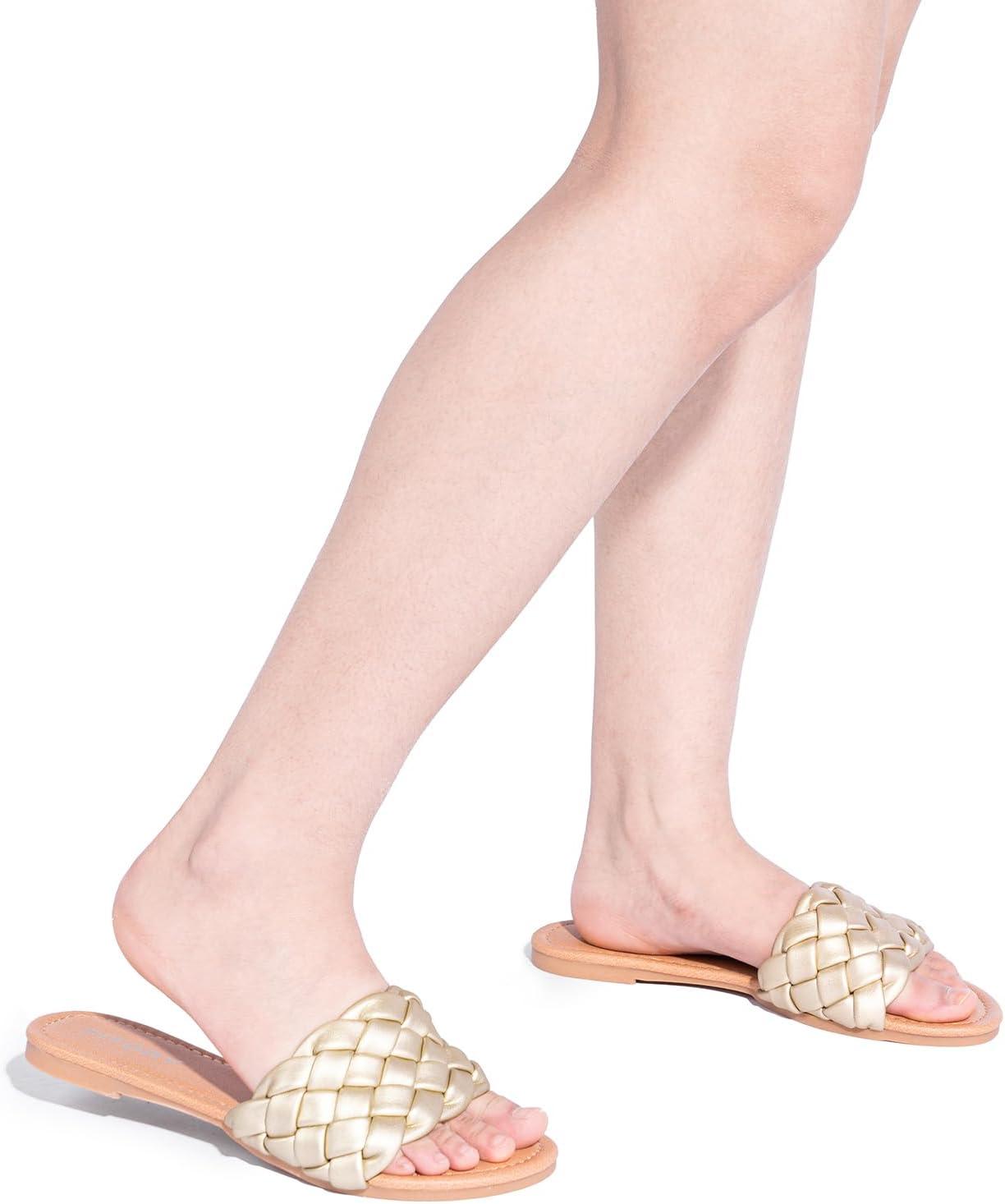 imageFITORY Womens Flat Sandals Fashion Round Open Toe Slip On Slides with Braided Strap Slippers for Summer Size 611Gold