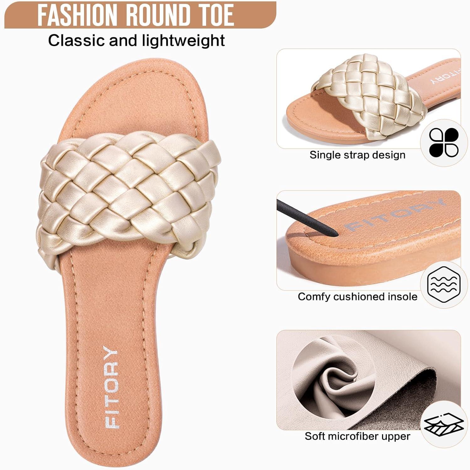 imageFITORY Womens Flat Sandals Fashion Round Open Toe Slip On Slides with Braided Strap Slippers for Summer Size 611Gold