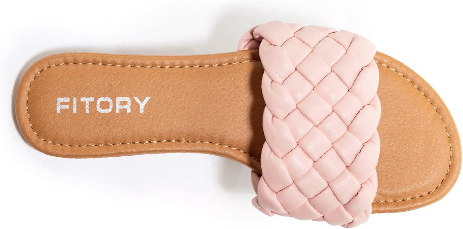 imageFITORY Womens Flat Sandals Fashion Round Open Toe Slip On Slides with Braided Strap Slippers for Summer Size 611Light Pink
