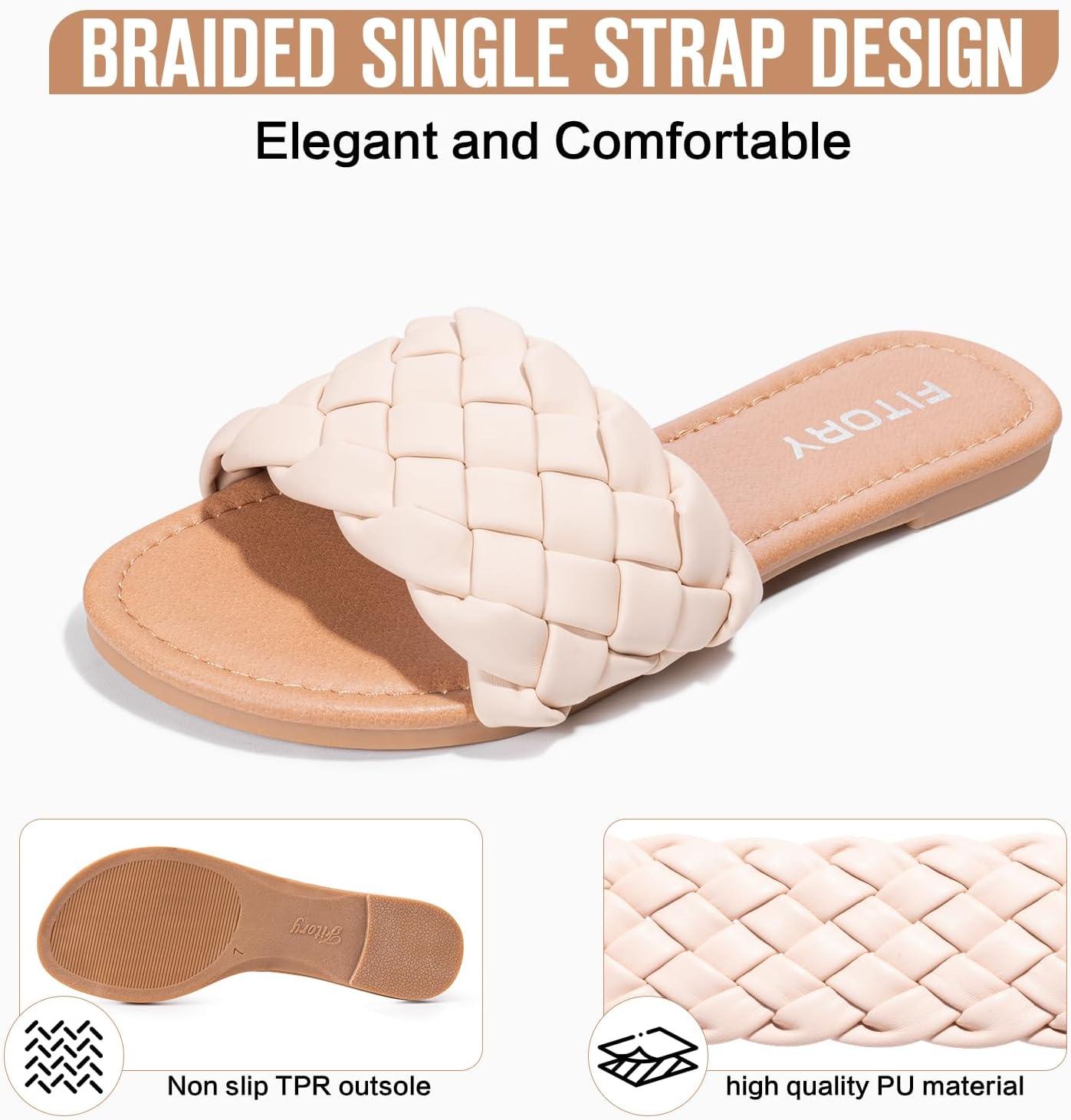 imageFITORY Womens Flat Sandals Fashion Round Open Toe Slip On Slides with Braided Strap Slippers for Summer Size 611Nude