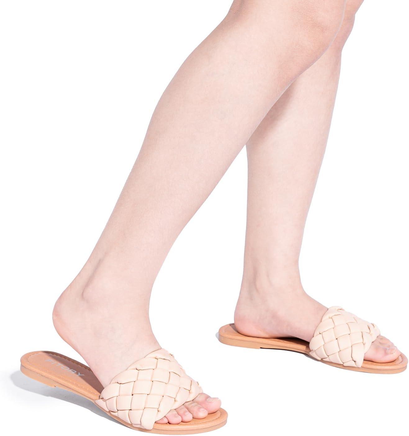 imageFITORY Womens Flat Sandals Fashion Round Open Toe Slip On Slides with Braided Strap Slippers for Summer Size 611Nude