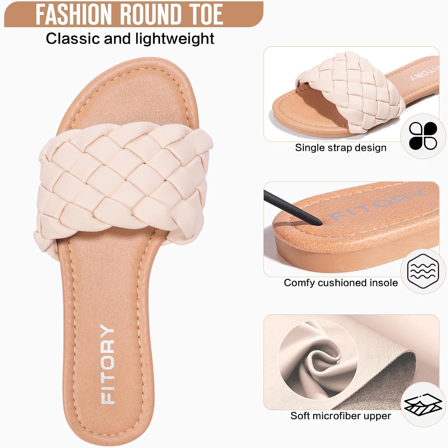 imageFITORY Womens Flat Sandals Fashion Round Open Toe Slip On Slides with Braided Strap Slippers for Summer Size 611Nude
