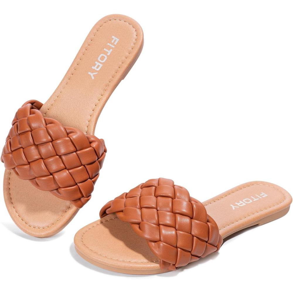 imageFITORY Womens Flat Sandals Fashion Round Open Toe Slip On Slides with Braided Strap Slippers for Summer Size 611Brown
