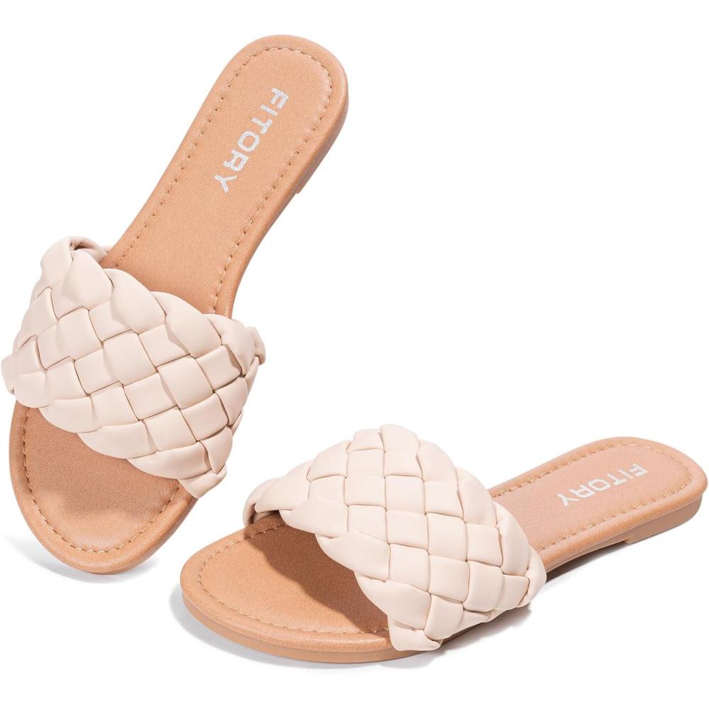 imageFITORY Womens Flat Sandals Fashion Round Open Toe Slip On Slides with Braided Strap Slippers for Summer Size 611Nude