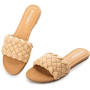 FITORY Womens Flat Sandals Fashion Round Open Toe Slip On Slides with Braided Strap Slippers for Summer Size 6-11(Apricot)