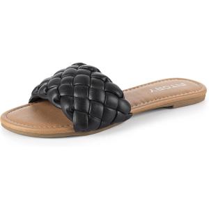 FITORY Womens Flat Sandals Fashion Round Open Toe Slip On Slides with Braided Strap Slippers for Summer Size 6-11(Black)