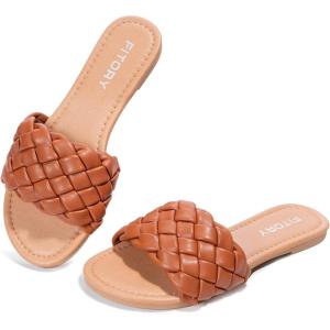 FITORY Womens Flat Sandals Fashion Round Open Toe Slip On Slides with Braided Strap Slippers for Summer Size 6-11(Brown)