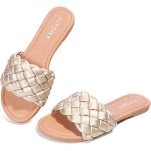 FITORY Womens Flat Sandals Fashion Round Open Toe Slip On Slides with Braided Strap Slippers for Summer Size 6-11(Gold)