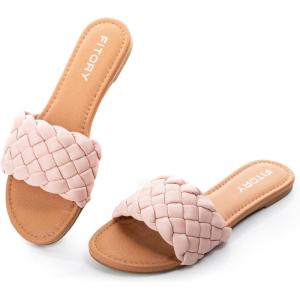 FITORY Womens Flat Sandals Fashion Round Open Toe Slip On Slides with Braided Strap Slippers for Summer Size 6-11(Light Pink)