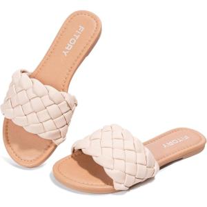 FITORY Womens Flat Sandals Fashion Round Open Toe Slip On Slides with Braided Strap Slippers for Summer Size 6-11(Nude)
