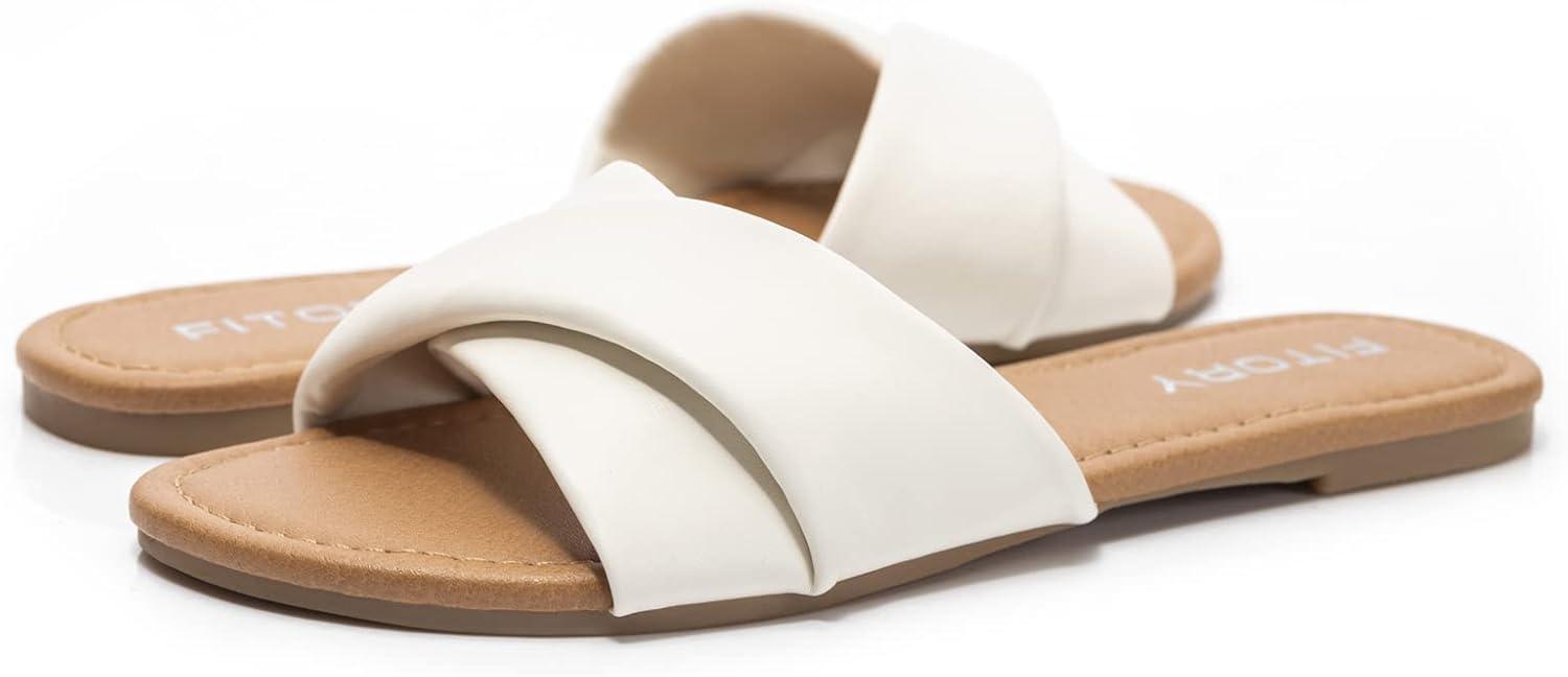 imageFITORY Womens Flat Sandals Fashion Slides With Soft Leather Slippers for Summer Camel Size 612