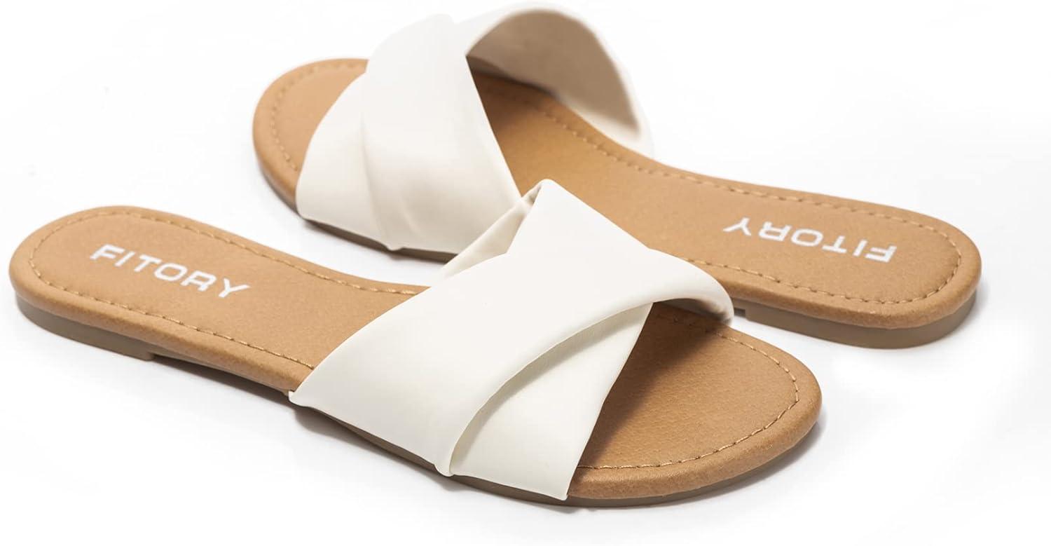 imageFITORY Womens Flat Sandals Fashion Slides With Soft Leather Slippers for Summer Camel Size 612
