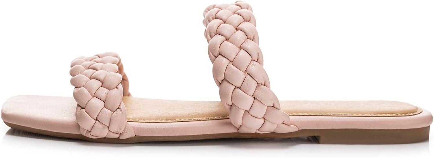 imageFITORY Womens Flat Sandals Fashion Round Open Toe Slip On Slides with Braided Strap Slippers for Summer Size 611Newpink