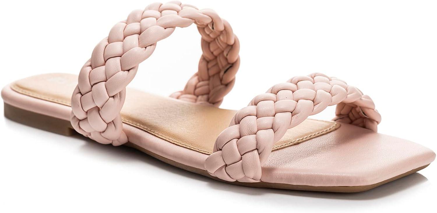 imageFITORY Womens Flat Sandals Fashion Round Open Toe Slip On Slides with Braided Strap Slippers for Summer Size 611Newpink